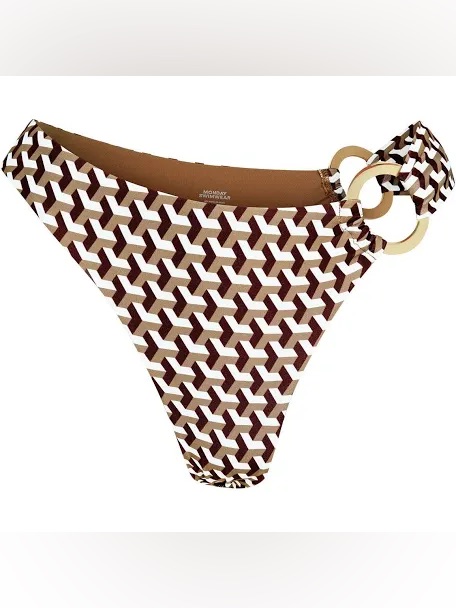 Monday Swimwear Brown White Geo-Print Bikini Bottom With Gold Rings